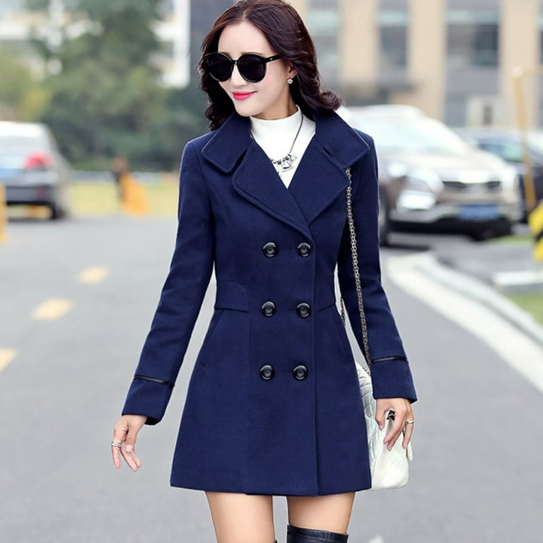 CAICJ98 Womens Jackets Fall Fashion Women's Big Notch Lapel Single Mid-Long  Wool Blend Coat Jacket Trench Coat Winter Collar Outwear Slim Hood Blue,XL