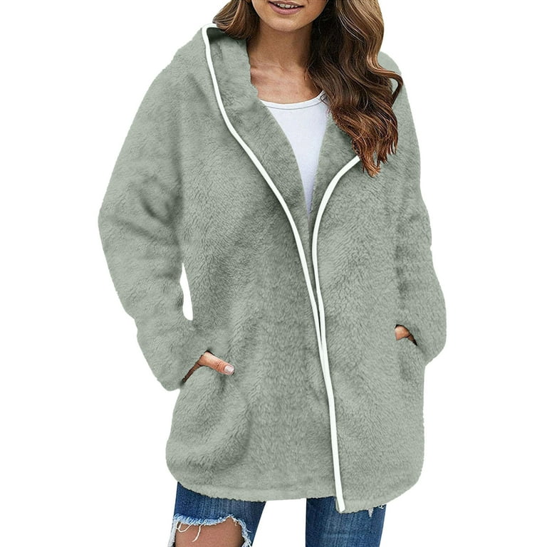 CAICJ98 Womens Jackets Fall Hooded Women Fuzzy Jacket Long Sleeve Sherpa  Casual Zip Up Bomber Coat Pocket Green,XXL 