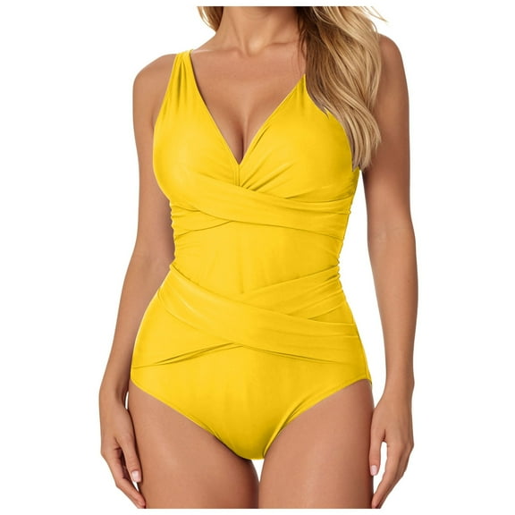 CAICJ98 Womens One Piece Swimsuits Tummy Control Swim Dress Sexy Criss Cross Tie Back Bathing Suit Yellow,XL
