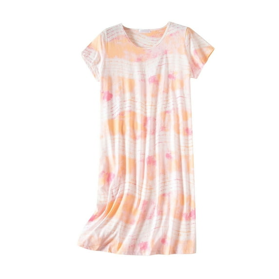 CAICJ98 Womens Pajamas Women's Cotton Nightgown Sleepwear Short Sleeves Shirt Casual Print Sleepdress Womens Summer Nightgowns XL,Orange