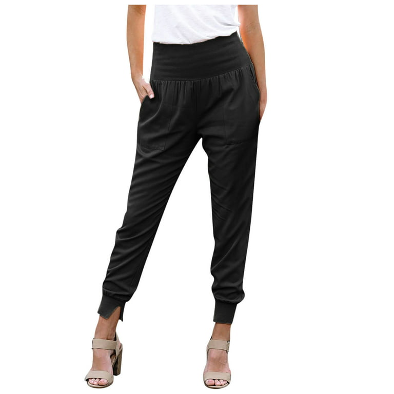 CAICJ98 Womens Pants Women's Casual High Waisted Button Fly Straight Leg  Dress Pants with Pocket Black,XXL