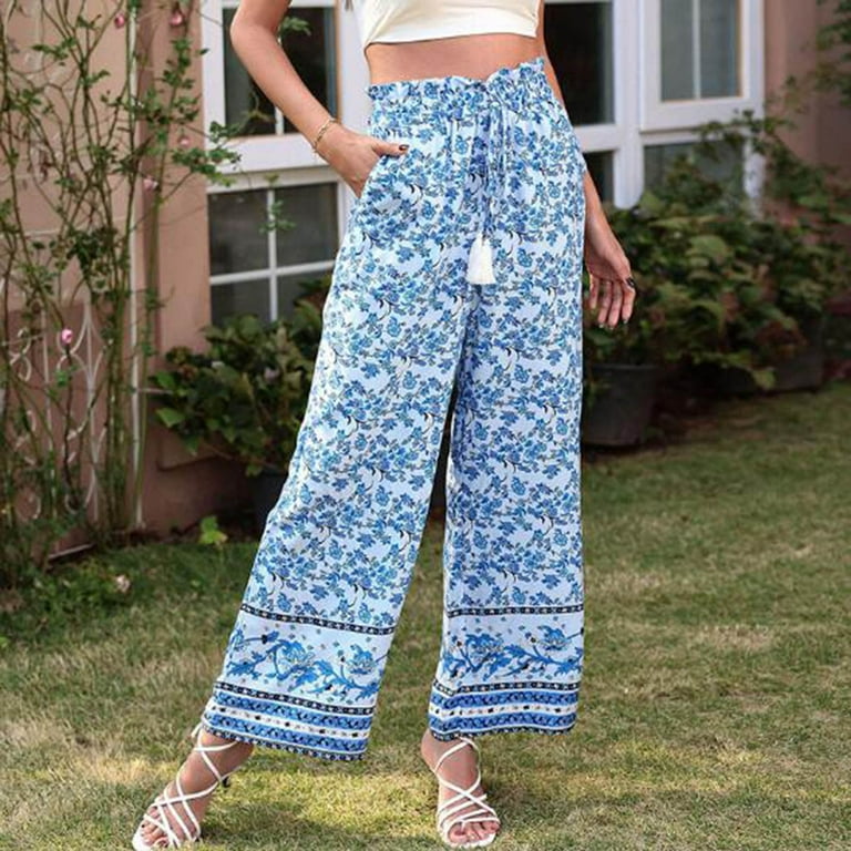 Women Floral Drawstring Pants Loose High Waist Trousers Casual Long Bottoms