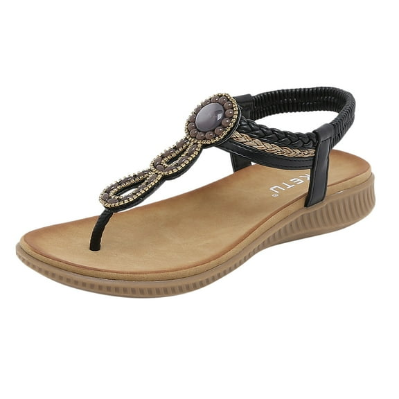 CAICJ98 Womens Sandles Wedges Shoes Elastic Band Casual Bohemian Sandals Boho Beach Sandals Flip Flops Shoes Black,7.5