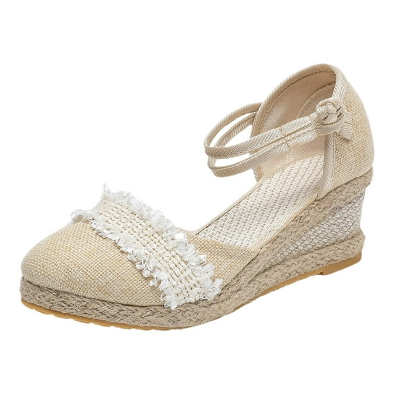 CAICJ98 Womens Shoes Ladies Fashion Summer Rhinestone Decoration Open Toe Thick Sole Slope Heel Sandals,Beige