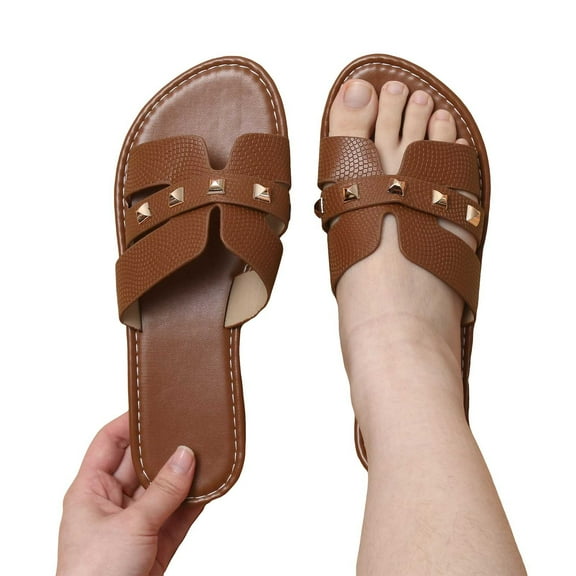 CAICJ98 Womens Slide Sandals Flat Sandals Open Toe Band Wide Width Dressy Vacation Slide Brown,12