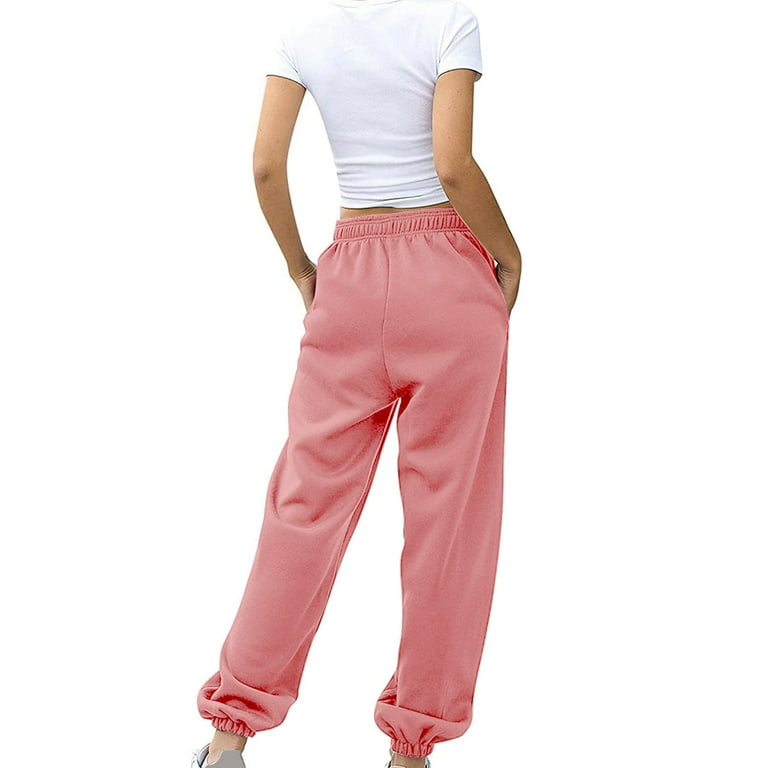 CAICJ98 Womens Sweatpants Women's Textured High Elastic Waisted Straight  Leg Pants Solid Casual Long Trousers Pink,L