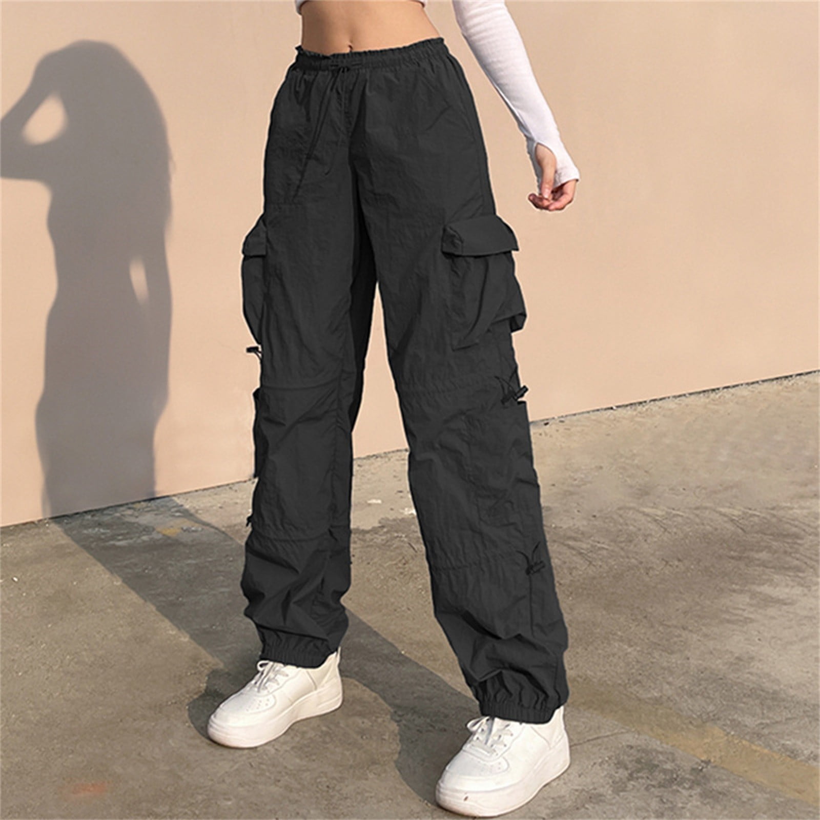 CAICJ98 for Women Womens Cargo Joggers High Waisted Basic Casual Tapered Sweatpants  Pants Black,M 