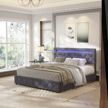 CAIDI Queen Size Bed Frame with LED Light Headboard, Upholstered Platform Bed with 4 Drawers, Adjustable LED Lights Headboard(Dark Grey-QUEEN)