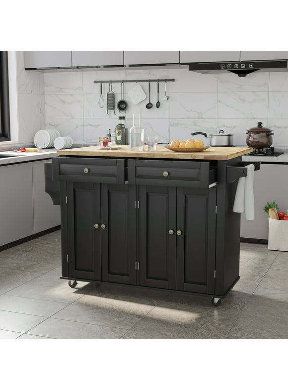 CAIDI Rolling Kitchen Island with Drop Leaf, Kitchen Cart with Rubber wood Countertop, Lockable Casters, Adjustable Shelves, Matte(Black-51.2"x29.5"x35.8")