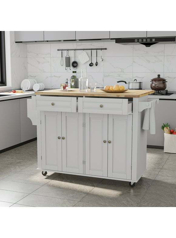 CAIDI Rolling Kitchen Island with Drop Leaf, Kitchen Cart with Rubber wood Countertop, Lockable Casters, Adjustable Shelves, Matte(White-51.2"x29.5"x35.8")