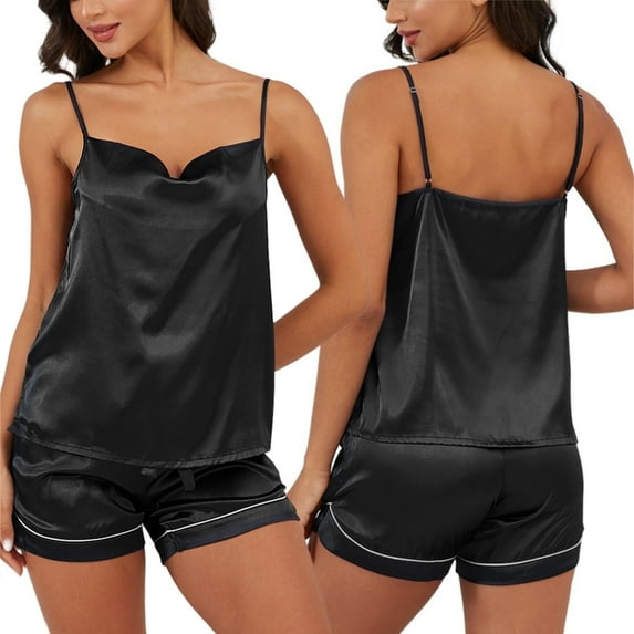 Pajamas for Women, CaiDieNu 2 Piece Womens Pajama Sets, Silk Pjs Cami Satin Pajama for Women, Black XL
