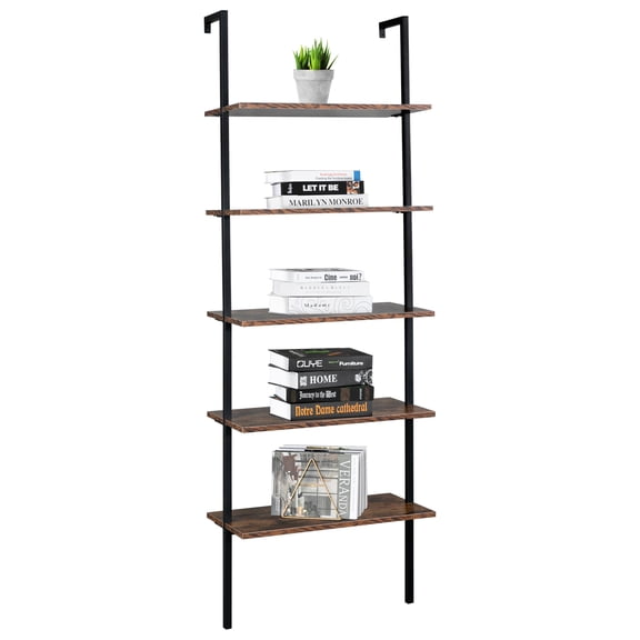 CAIHONG 5-Tier Ladder Shelf, Wall Mounted Ladder Bookshelf with Metal Frame, Open Industrial Shelves for Home Office, Bedroom and Living Room, 23.6" L x 11.8" W x 70.9" H, Rustic Brown