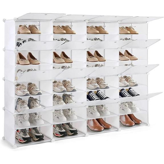 CAIHONG Shoe Rack Organizer, 8 Tier Shoe Storage Cabinet 64 Pair Plastic Shoe Organizer 32 Grids Shoe Shelves for Closet Hallway Bedroom Entryway, 53 x 12 x 47.25, White