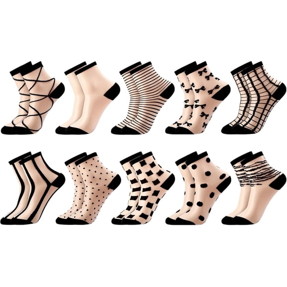CAILDANL 10 Pairs Sheer Socks Striped Plaid Mesh Dot Bow See Through Transparent Socks for Women Girls