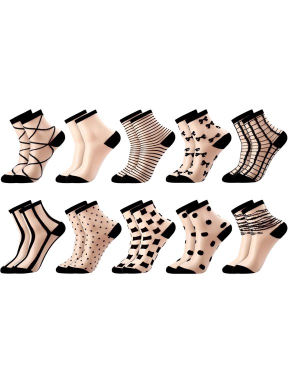 10 Pairs Sheer Socks Striped Plaid Mesh Dot Bow See Through Transparent Socks for Women Girls