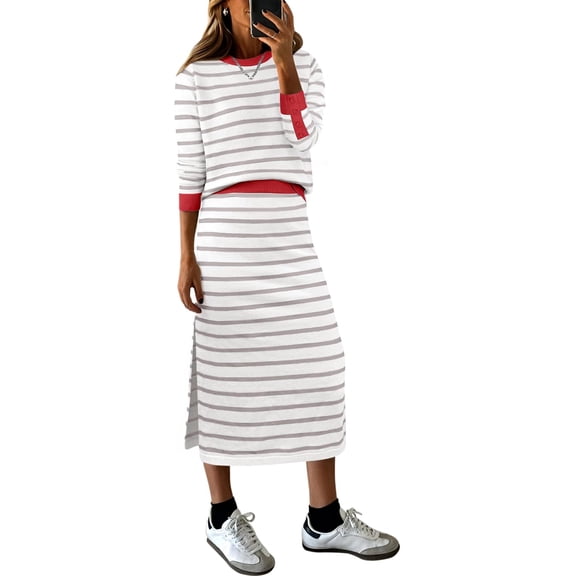 CAILDANL 2 Piece Skirts Sets For Women Fall Fashion 2025 Striped Sweater Midi Dress Knit Lounge Travel Outfits Winter Clothes