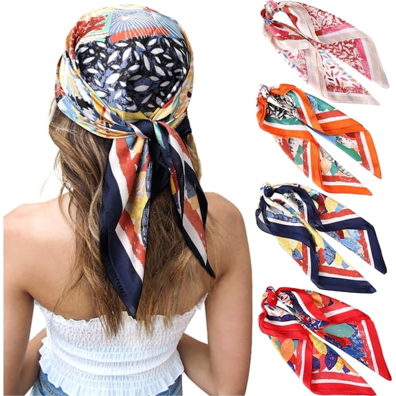 CAILDANL 27 Inches Silk Feeling Square Head Scarf - 4 Pcs Satin Square Head Scarves for Women Hair Bandanas