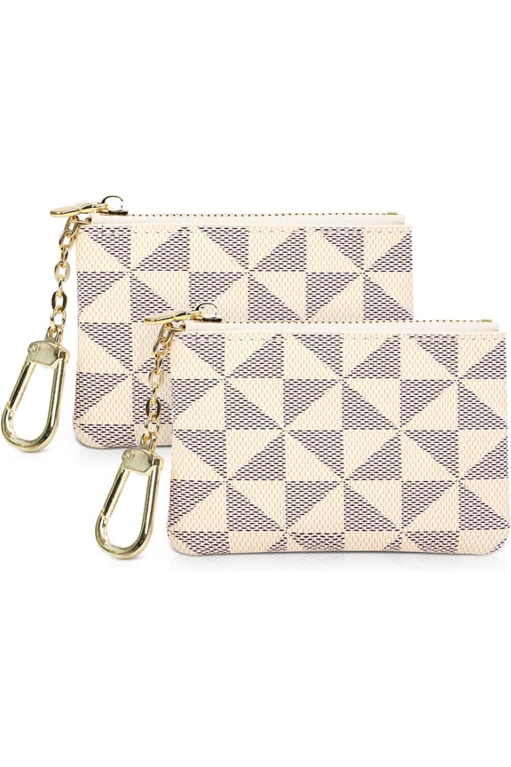 2PCS Coin Purse Mini Zip Key Chain Pouch Change Wallet Coin Pocket for Women Credit Card ID Key Headset Lipstick Organizer(Coffee+White)