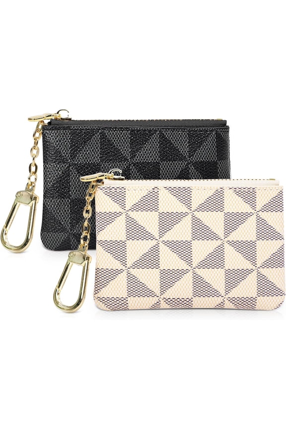 2PCS Coin Purse Mini Zip Key Chain Pouch Change Wallet Coin Pocket for Women Credit Card ID Key Headset Lipstick Organizer(Coffee+White)