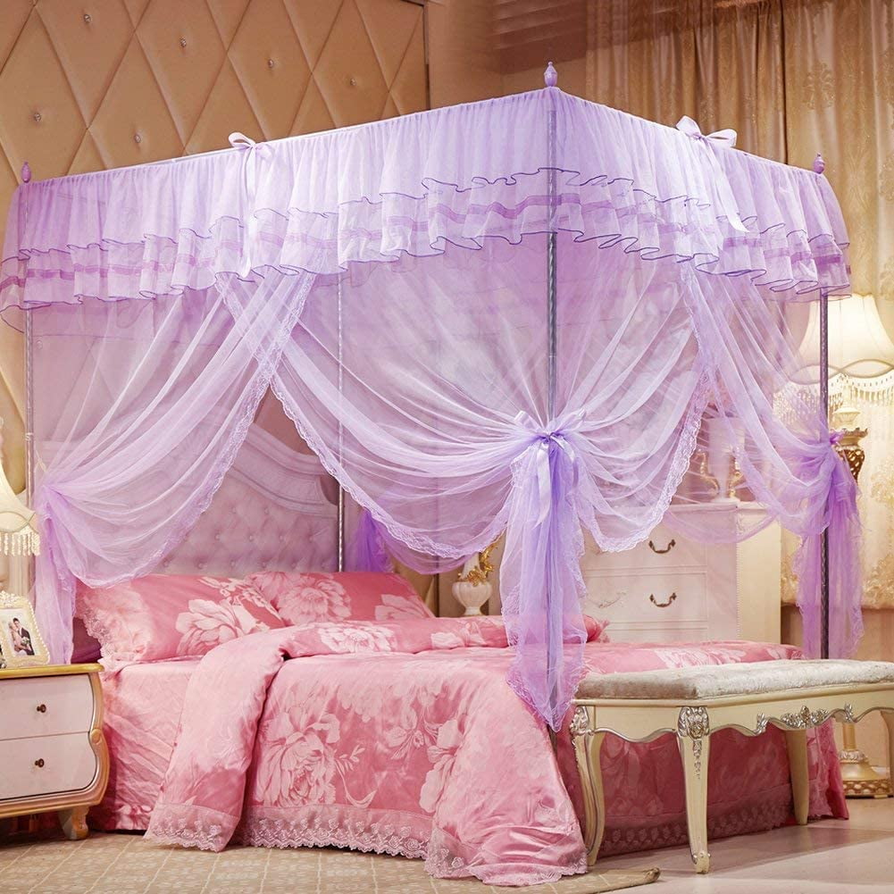 CAILDANL 4 Corners Post Pink Canopy Bed Curtain for Girls & Adults - Cute Cozy Drape Square Netting for Twin Bed - 4 Opening 45" W x 80" L Mosquito Net