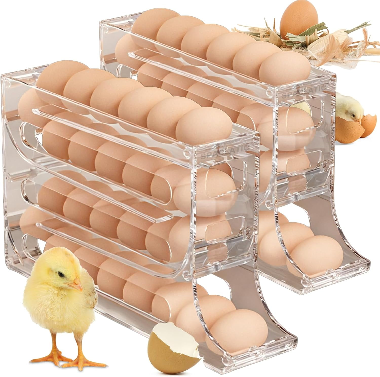 CAILDANL 4 Tiers Egg Holder for Fridge with 30 Egg Capacity - 2 Pack Auto Rolling Egg Storage Organizer for Refrigerator, Space Saving Egg Tray in Kitchen (Clear)