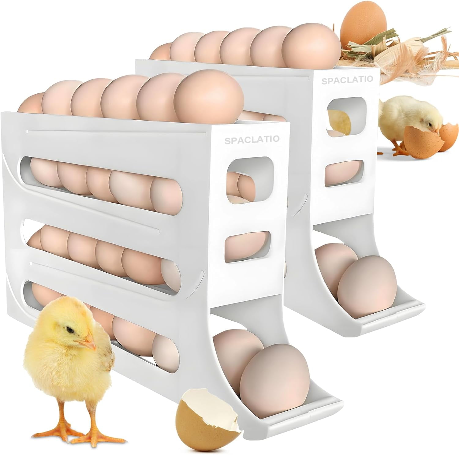 CAILDANL 4 Tiers Egg Holder for Fridge with 30 Egg Capacity - 2 Pack Auto Rolling Egg Storage Organizer for Refrigerator, Space Saving Egg Tray in Kitchen (Clear)