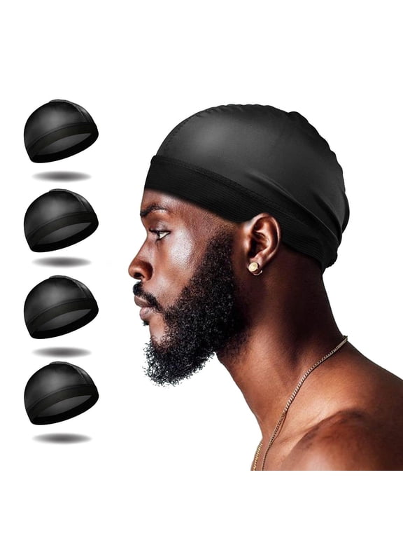4Pcs Wave Cap, Silk Stocking Wave Caps for 360 Waves, Silky Durag for Men, Stain Caps (4*Black)