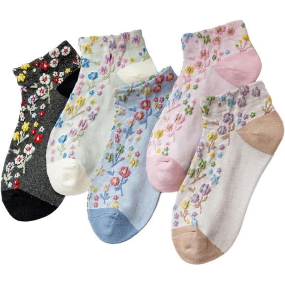 CAILDANL 5 Pairs Cute Ankle Socks Kawaii Embroidered Floral Combed Cotton Socks For Girls Women