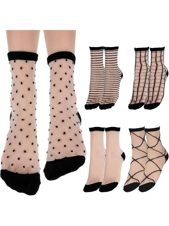 5 Pairs Sheer Black See-Through Socks - Checkered Dot Striped Plaid Ankle Summer Socks for Women - Thin Fashion