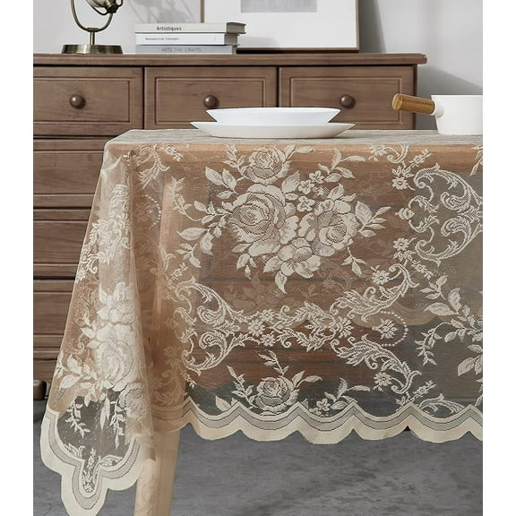 CAILDANL 60 x 84 Lace Tablecloth. Gold Linen Rectangle Tablecloth with English Rose Design. Rectangular Tablecloth, Rustic Tablecloth or Dining Table Cover for 6-8 Guests. LTC Linen 84"