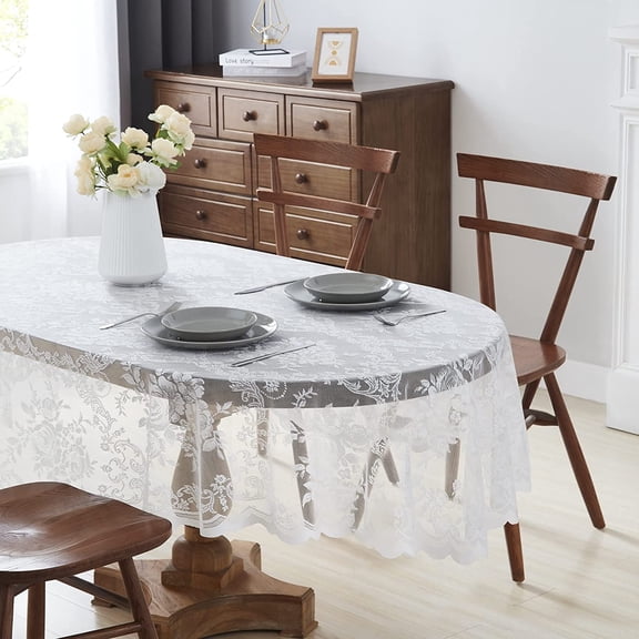 CAILDANL Beautiful Oblong Lace Tablecloth with Elegant Scalloped Bottom for Any Special Event Such as Wedding, Birthday Party, Baby Shower, Anniversary. Sits 6 to 8 People.