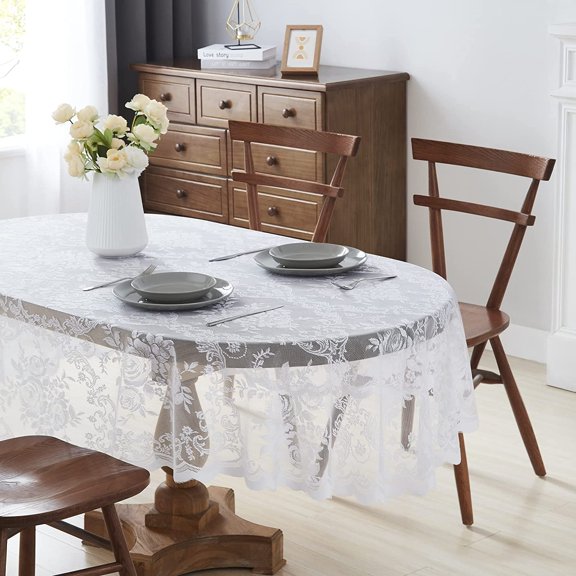 CAILDANL Beautiful Oblong Lace Tablecloth with Elegant Scalloped Bottom for Any Special Event Such as Wedding, Birthday Party, Baby Shower, Anniversary. Sits 6 to 8 People.