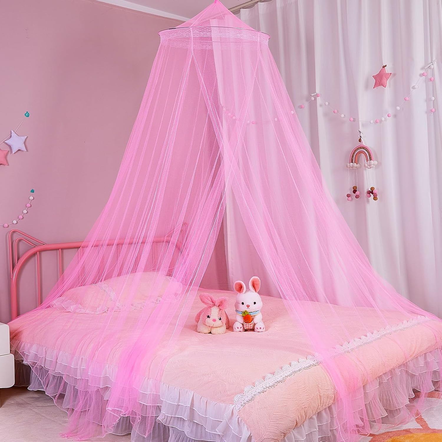 CAILDANL Bed Canopy for Girls Room Bed Canopy Curtains with Led Lights Mosquito Net DIY Princess Room Décor with Stars Butterflies for Kids Bedroom, Hot Pink