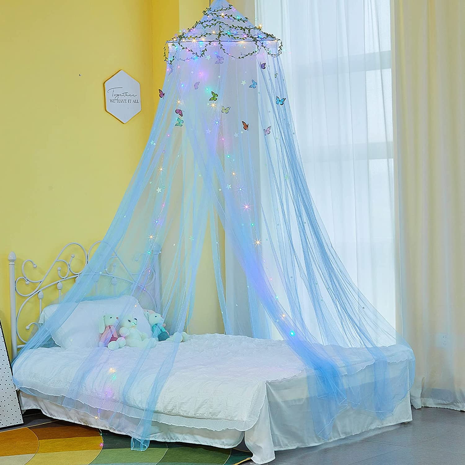 CAILDANL Bed Canopy for Girls Room Bed Canopy Curtains with Led Lights Mosquito Net DIY Princess Room Décor with Stars Butterflies for Kids Bedroom, Hot Pink