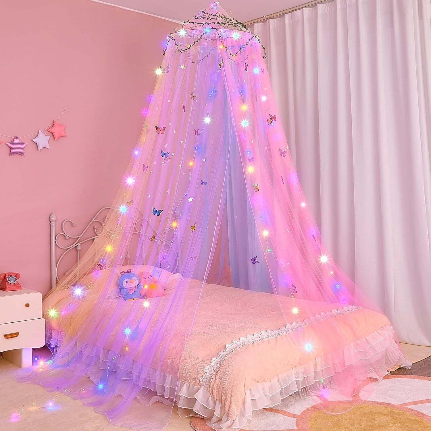 CAILDANL Bed Canopy for Girls Room Bed Canopy Curtains with Led Lights Mosquito Net DIY Princess Room Décor with Stars Butterflies for Kids Bedroom, Hot Pink