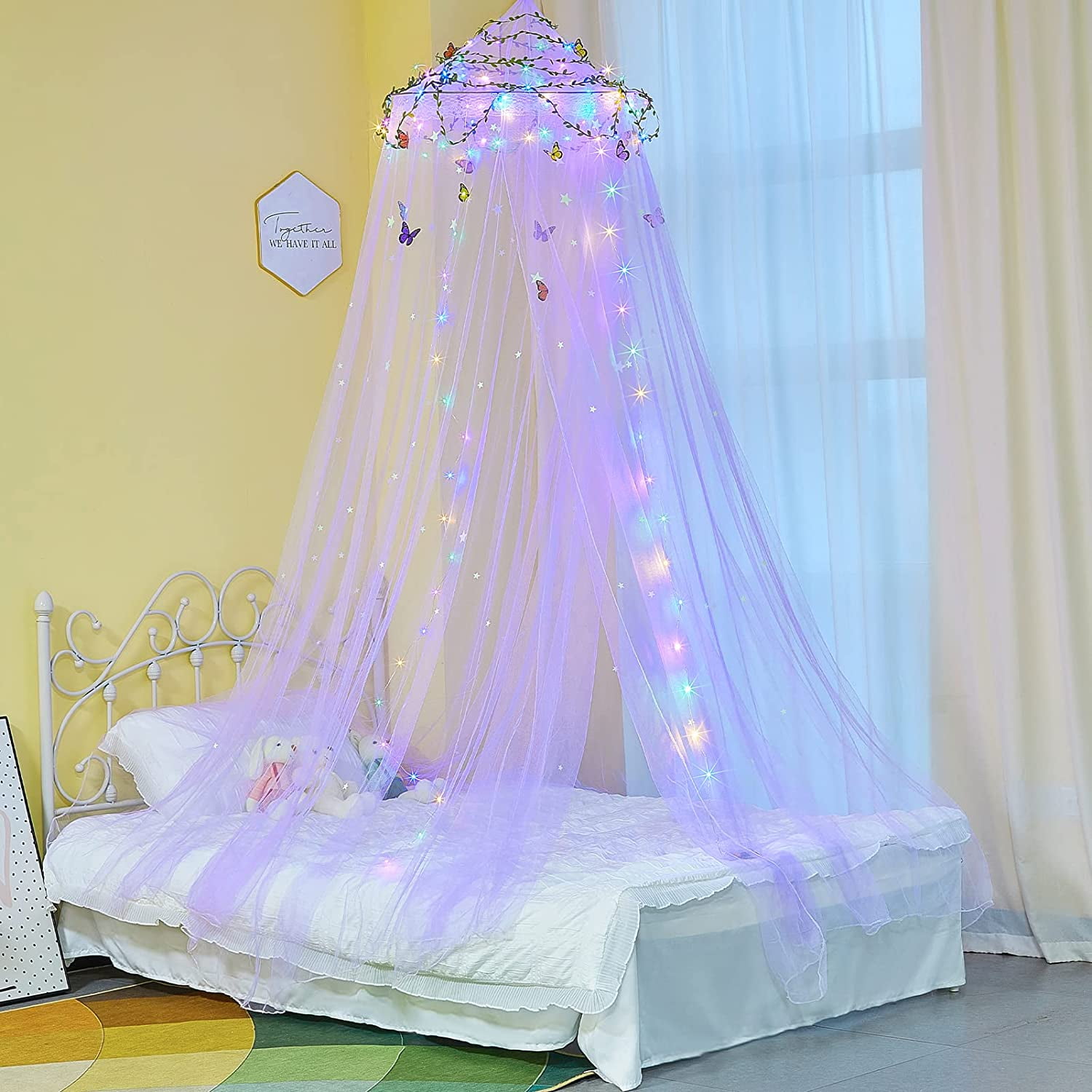 CAILDANL Bed Canopy for Girls Room Bed Canopy Curtains with Led Lights Mosquito Net DIY Princess Room Décor with Stars Butterflies for Kids Bedroom, Hot Pink