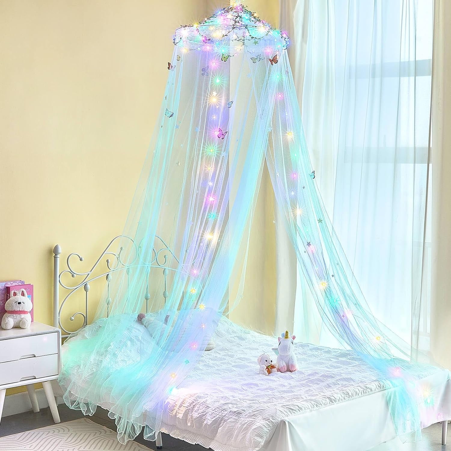 CAILDANL Bed Canopy for Girls Room Bed Canopy Curtains with Led Lights Mosquito Net DIY Princess Room Décor with Stars Butterflies for Kids Bedroom, Hot Pink
