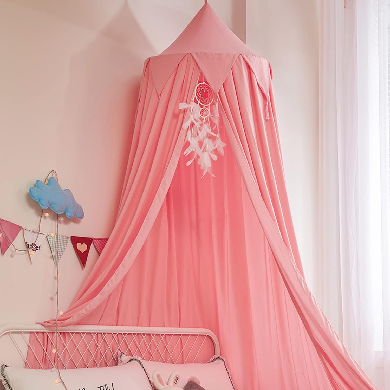 CAILDANL Bed Canopy for Kids, Girls Bed Curtain Bed Room Decor Hanging House Castle Reading Nook Dreamy Canopy(Brown Pink)