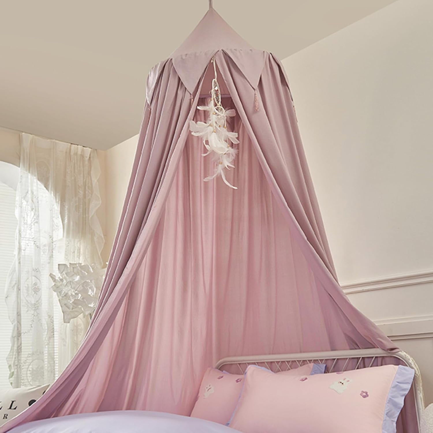 CAILDANL Bed Canopy for Kids, Girls Bed Curtain Bed Room Decor Hanging House Castle Reading Nook Dreamy Canopy(Brown Pink)