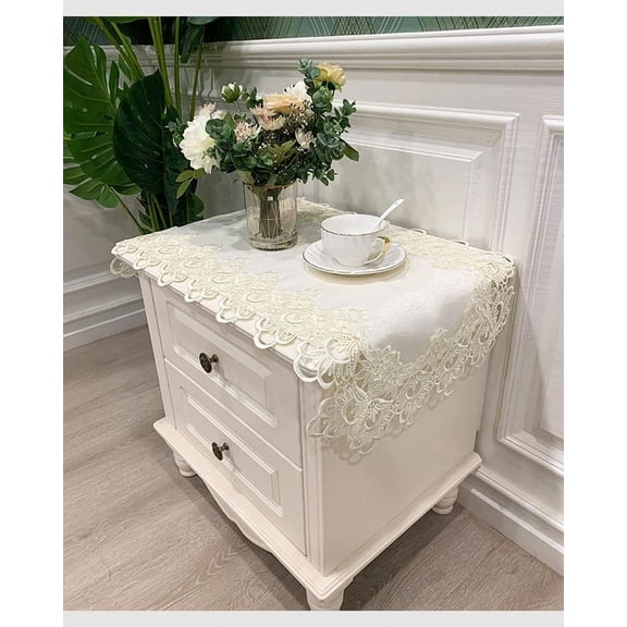 CAILDANL Bedside Tablecloth Lace Doilies for Side Table Cloth Runner Tabletop Dust Cover Room Nightstand Decor (15.7 × 31.5 Inch, Pure White)