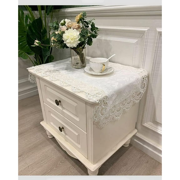 CAILDANL Bedside Tablecloth Lace Doilies for Side Table Cloth Runner Tabletop Dust Cover Room Nightstand Decor (15.7 × 31.5 Inch, Pure White)