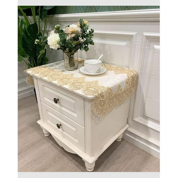 CAILDANL Bedside Tablecloth Lace Doilies for Side Table Cloth Runner Tabletop Dust Cover Room Nightstand Decor (15.7 × 31.5 Inch, Pure White)
