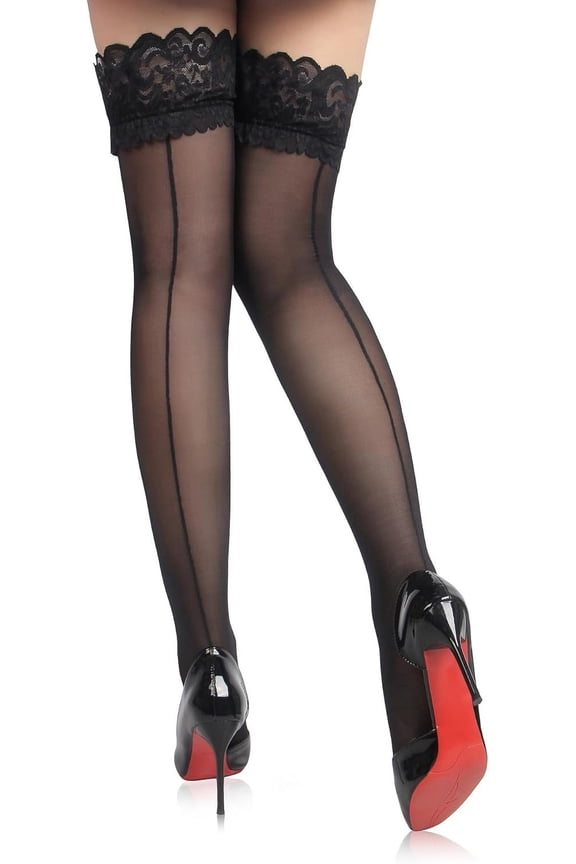 Black Sexy Sheer Thigh High with Seam Plus Size Overknees Nylon Stockings with Silicone Strap for Women