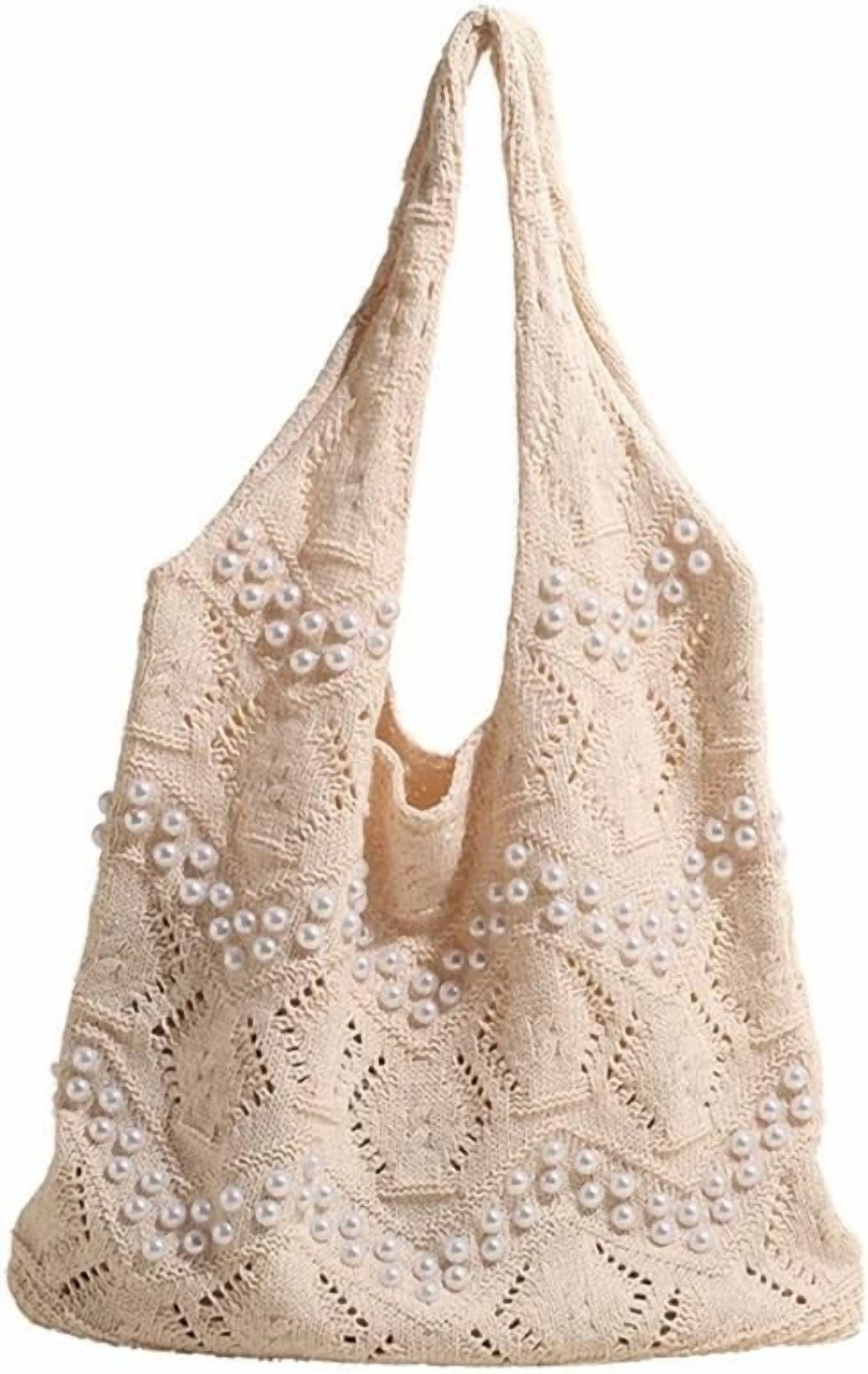 CAILDANL Boho Crochet Beach Tote Shoulder Bag with Colored Beads | Colorful Aesthetic Hippie Knit Bag for Women