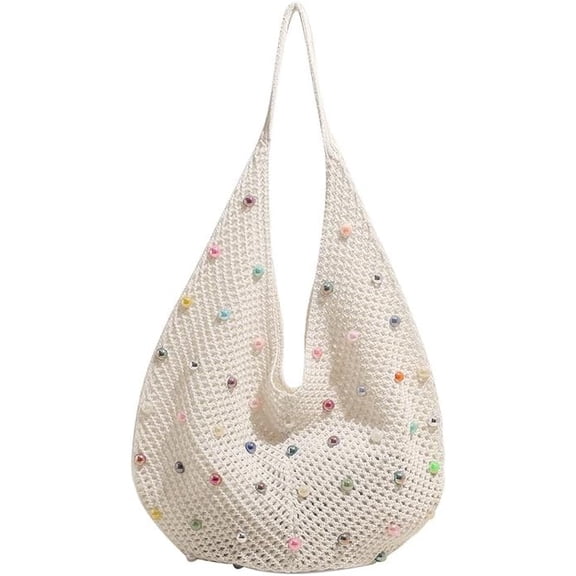 CAILDANL Boho Crochet Beach Tote Shoulder Bag with Colored Beads | Colorful Aesthetic Hippie Knit Bag for Women