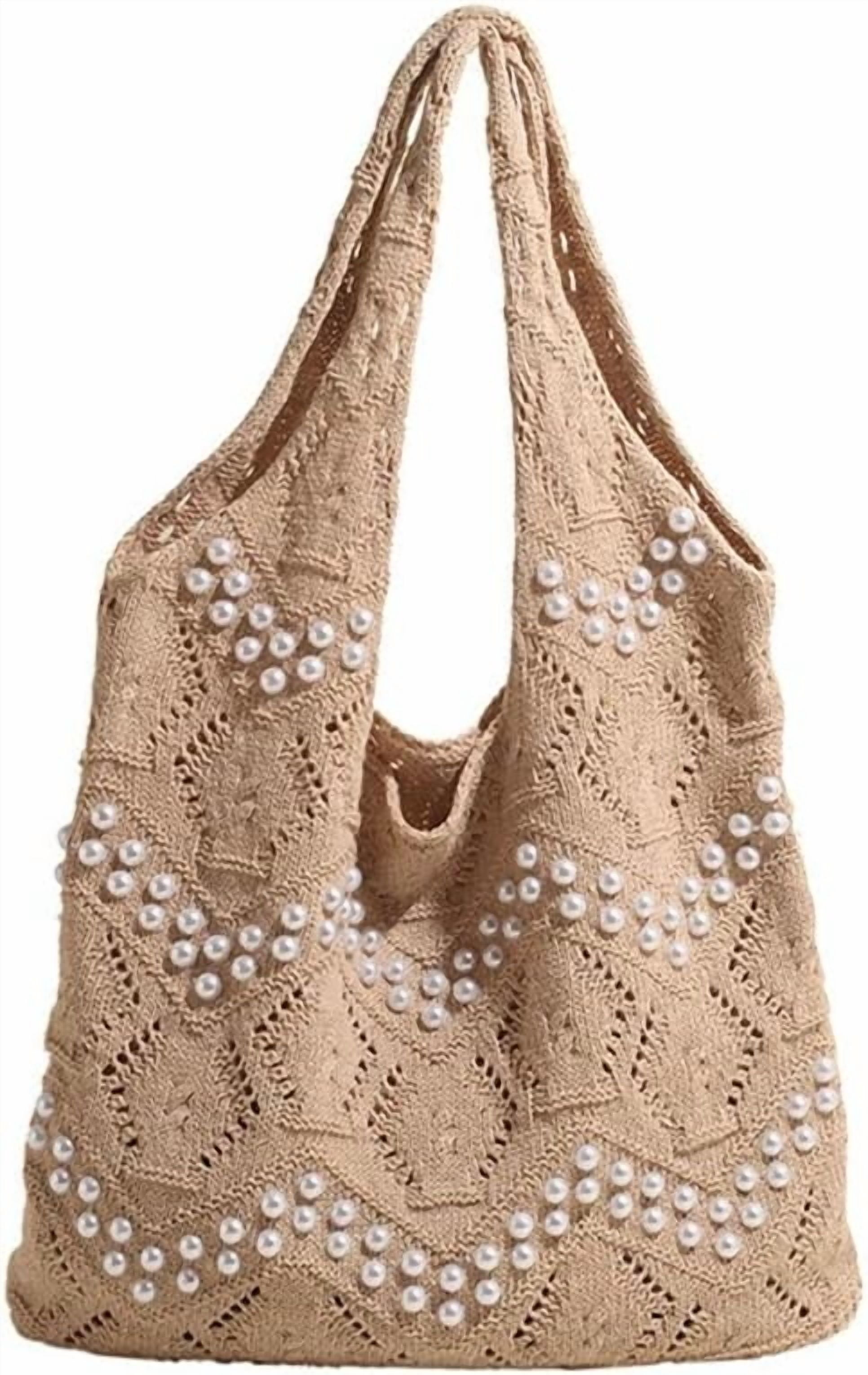 CAILDANL Boho Crochet Beach Tote Shoulder Bag with Colored Beads | Colorful Aesthetic Hippie Knit Bag for Women