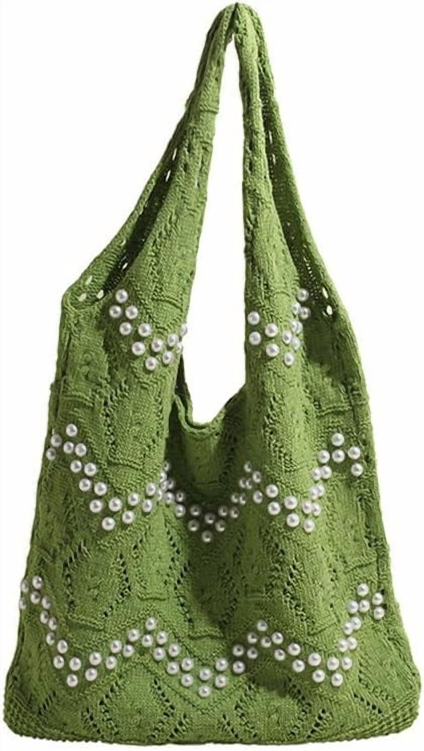 CAILDANL Boho Crochet Beach Tote Shoulder Bag with Colored Beads | Colorful Aesthetic Hippie Knit Bag for Women