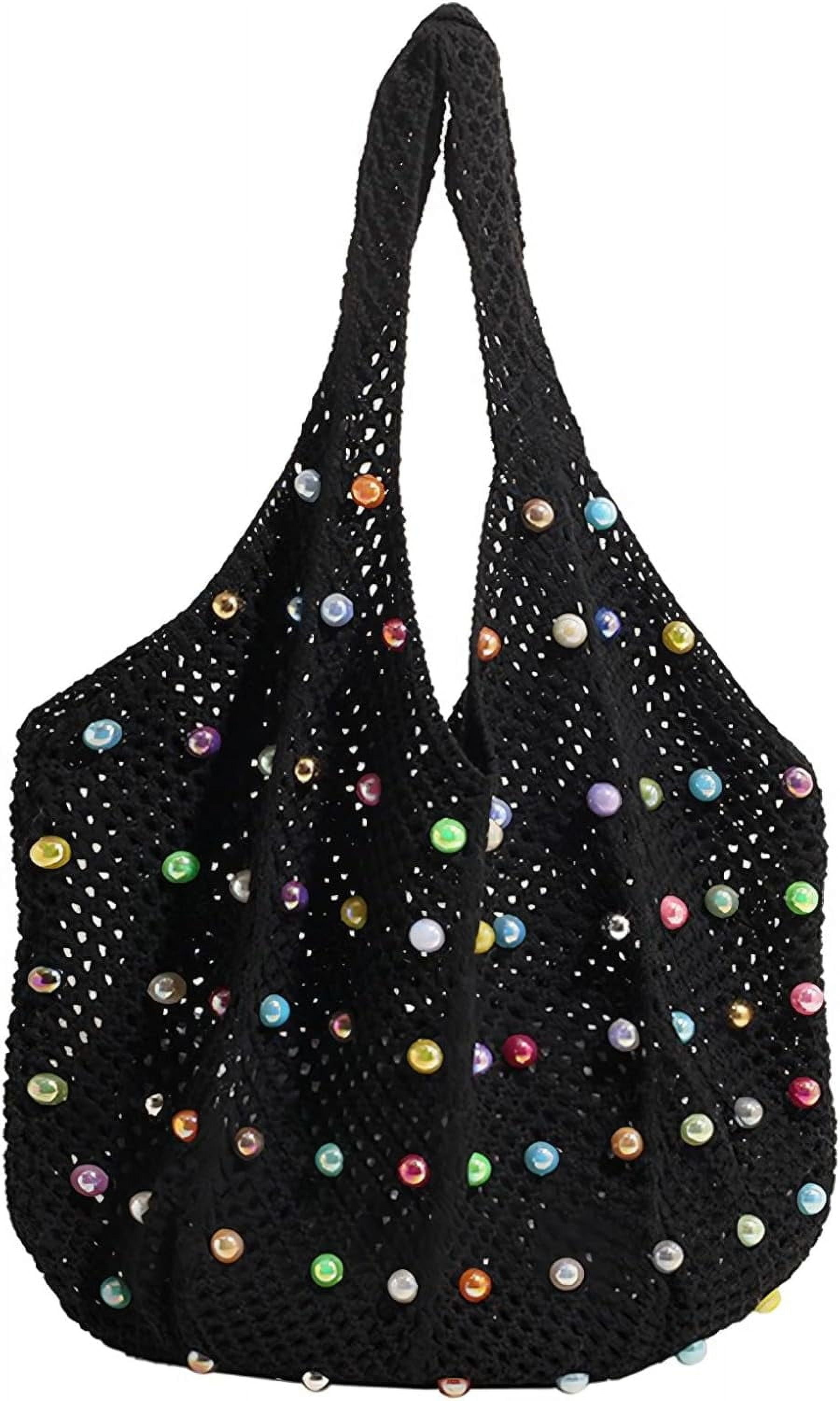 CAILDANL Boho Crochet Beach Tote Shoulder Bag with Colored Beads | Colorful Aesthetic Hippie Knit Bag for Women
