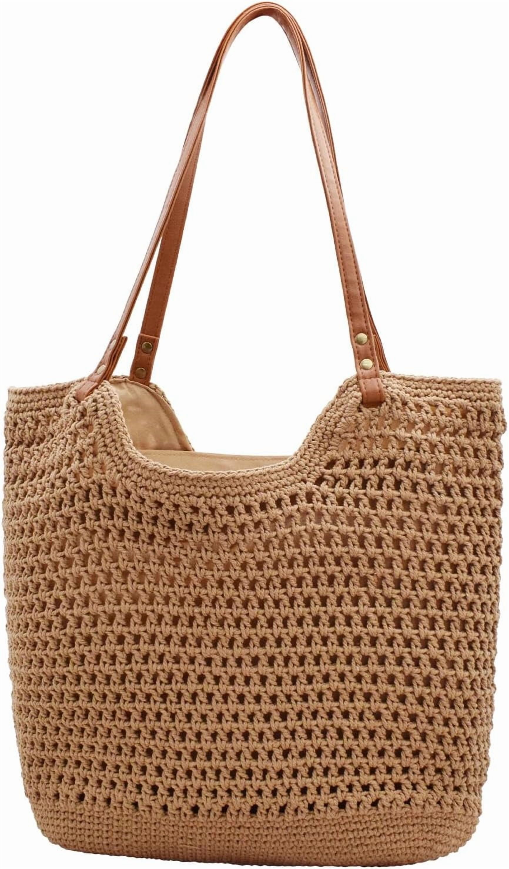 CAILDANL Boho Crochet Summer Handbag Handmade Cotton Rope Knit Shoulder Bags for Women Bohemia Tote for Travel