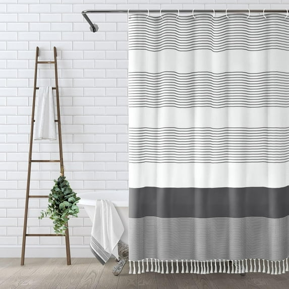 CAILDANL Boho Sage Green Shower Curtain for Bathroom Stripe Tassel Shower Curtain 72 X 72 Inches Farmhouse Linen